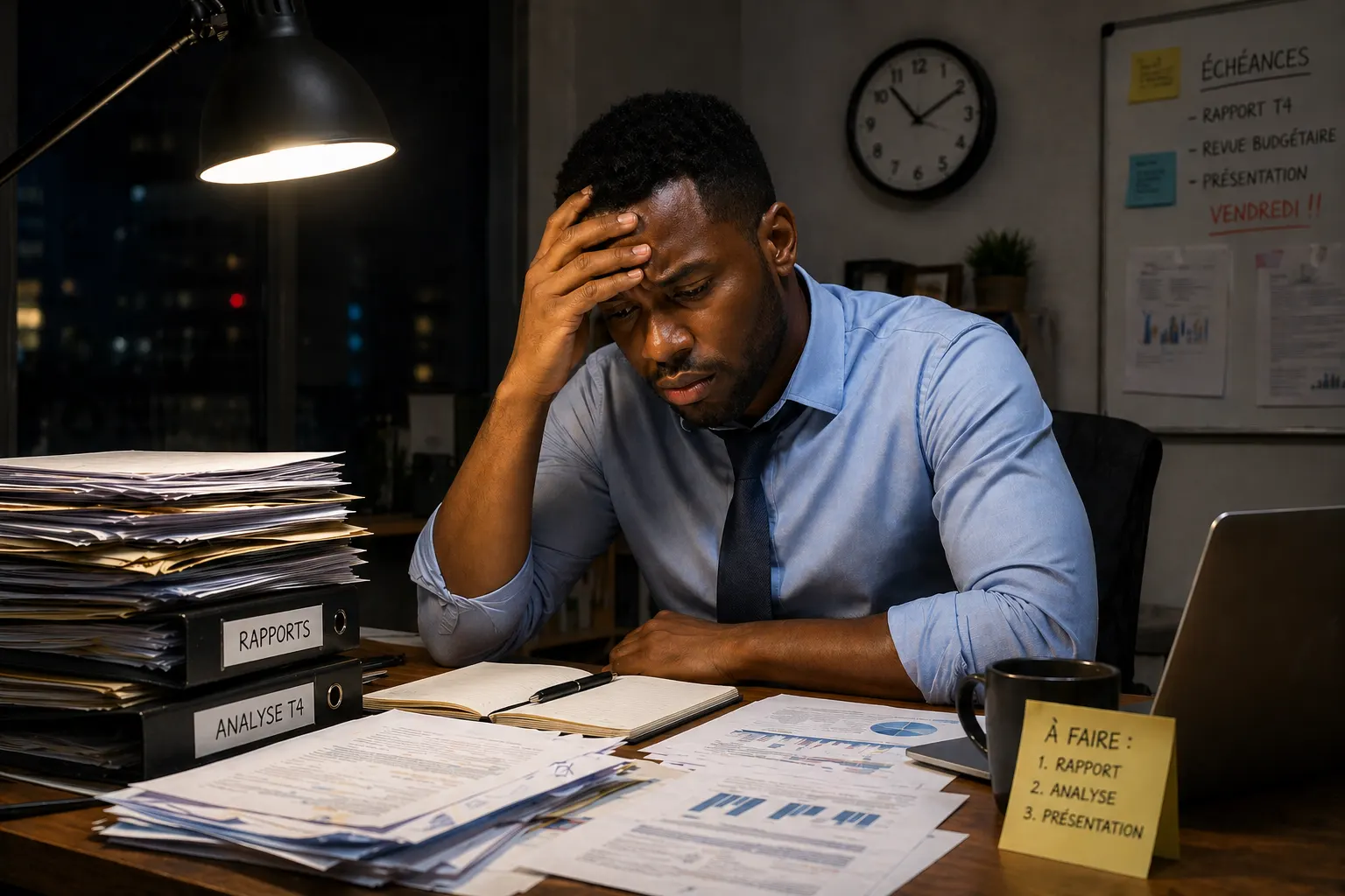 Travailleur stressé tard le soir au bureau
